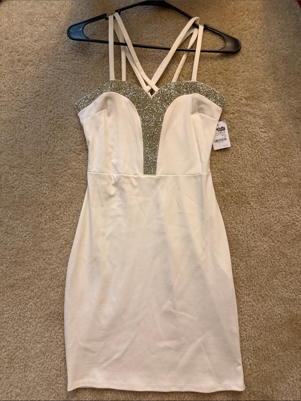 Charlotte Russe NWT Strappy White Bodycon Dress with Silver Glitter Trim